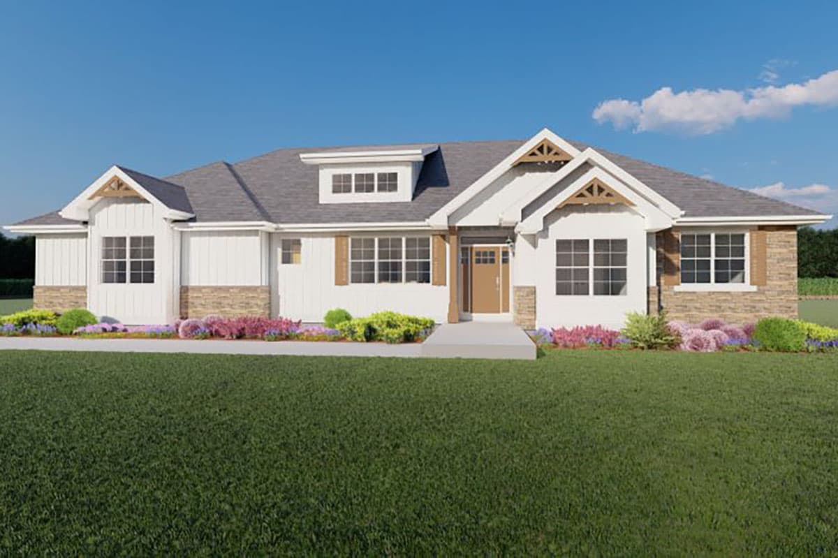 House plan exterior. Modern Farmhouse style with two stories, gabled rooflines, and decorative gable details. Features include a covered porch.
