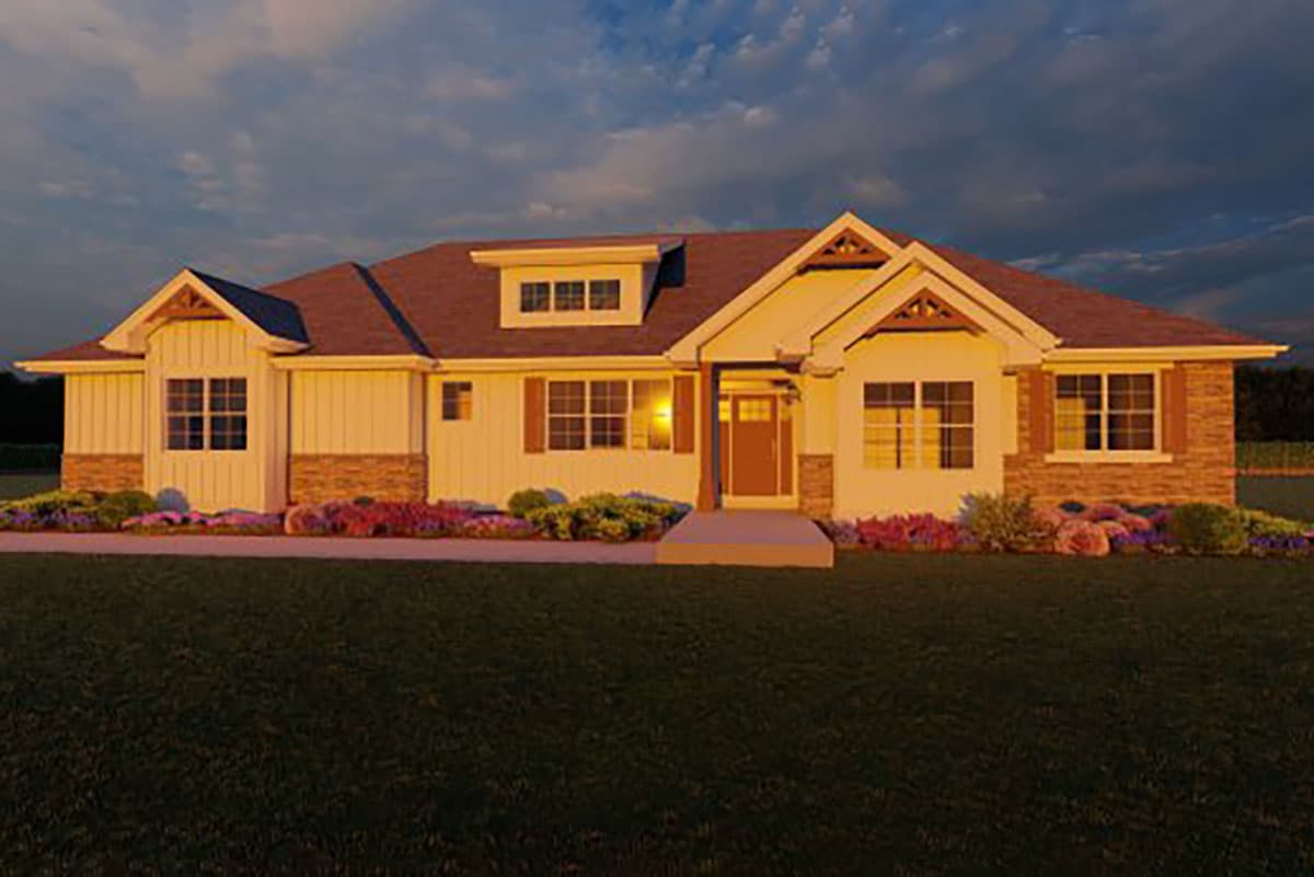 House plan exterior: single-story home with board and batten siding, brick accents, prominent gables, and dormer window.