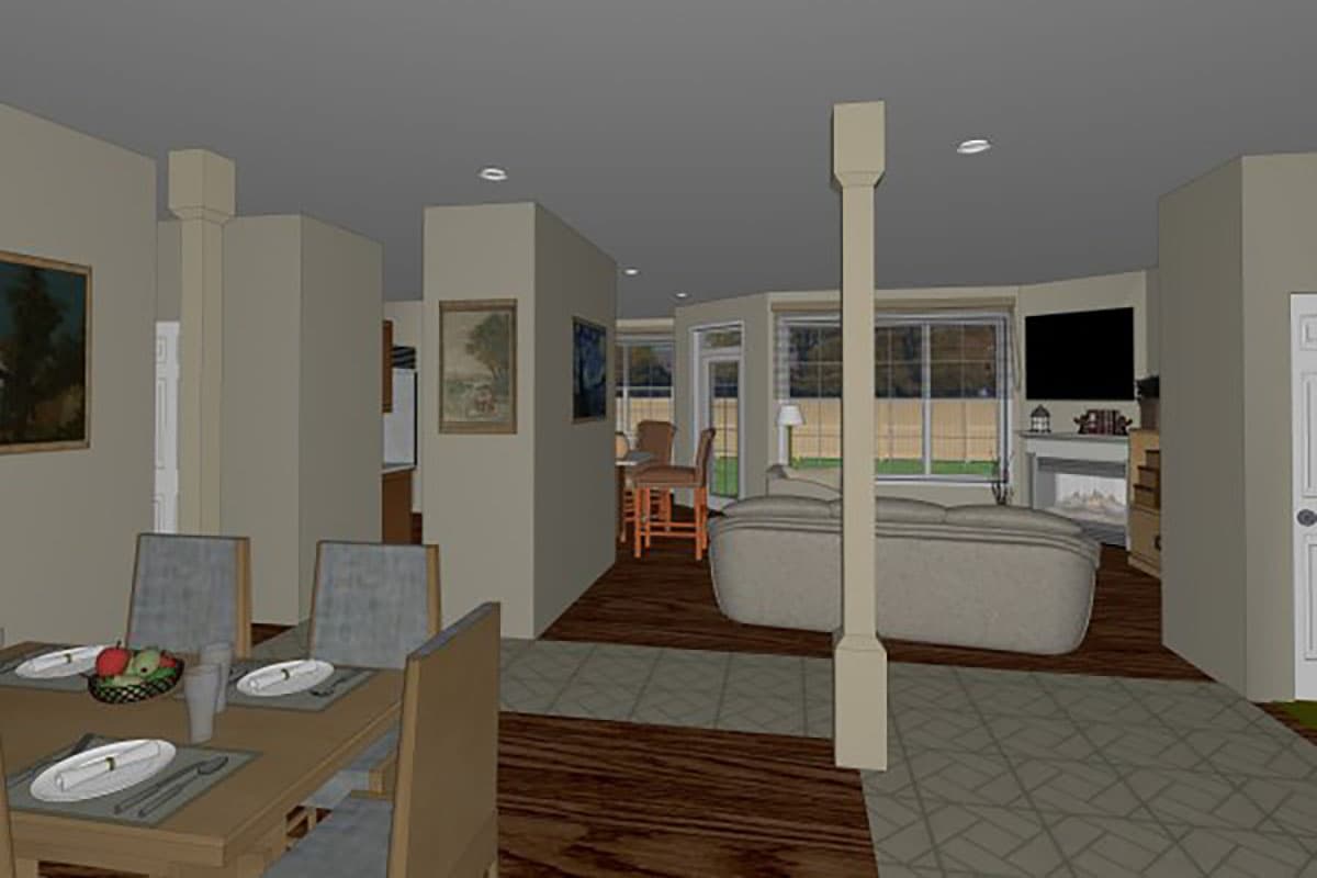 Interior rendering of a dining area with a table set for four, open to a living room with a sectional sofa and fireplace.