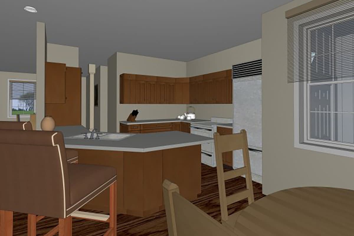 Kitchen rendering with island, wood cabinetry, refrigerator, sink, and windows. Bar stools and dining chair visible.