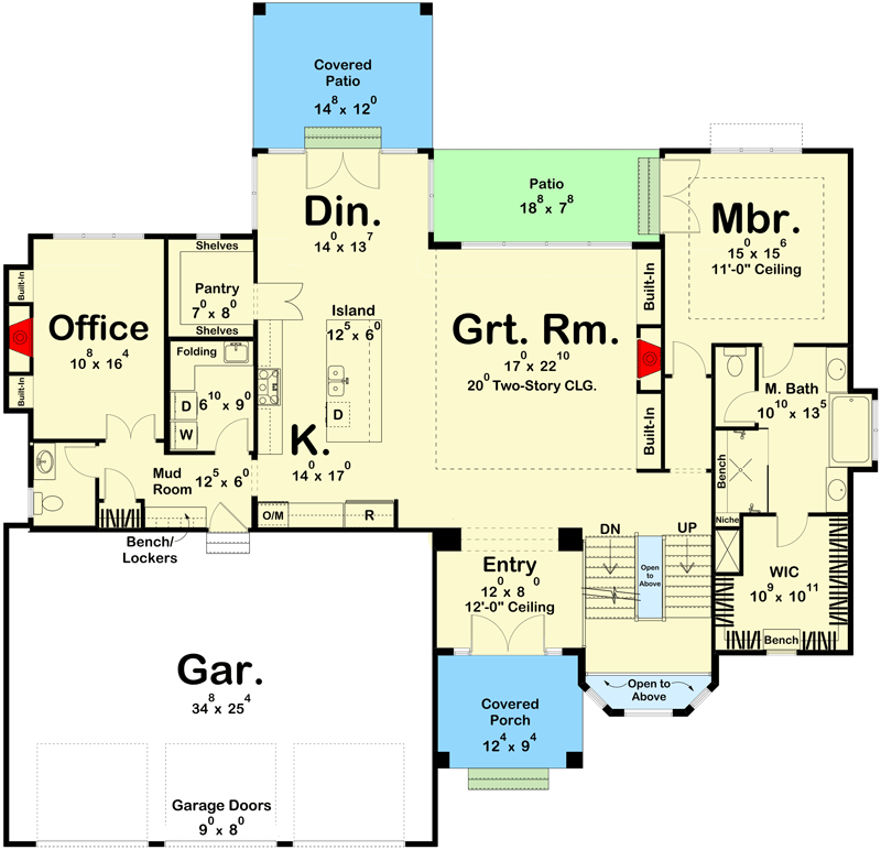 Plan 62357DJ: 4-Bed House Plan with Fireplaces in the Home Office and the 2-Story Great Room - Floor Plan - Main Level - New American, Traditional, Transitional