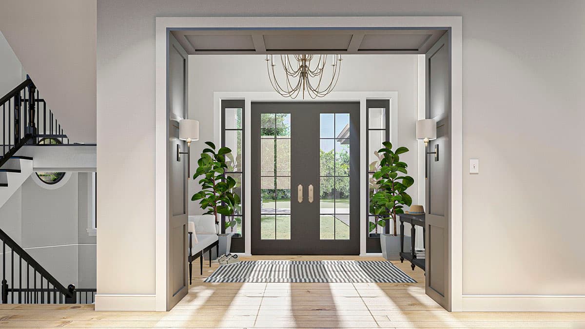 House plan rendering of an entryway with double doors, a chandelier, staircase, and console table.