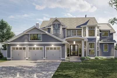 4-Bed House Plan with Fireplaces in the Home Office and the 2-Story Great Room