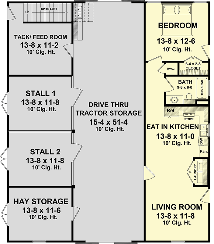Plan 51196MM: Barndominium-Style House Plan with Hay Loft and Drive-Through Tractor Storage - Floor Plan - Main Level - Barndominium, Country, Rustic