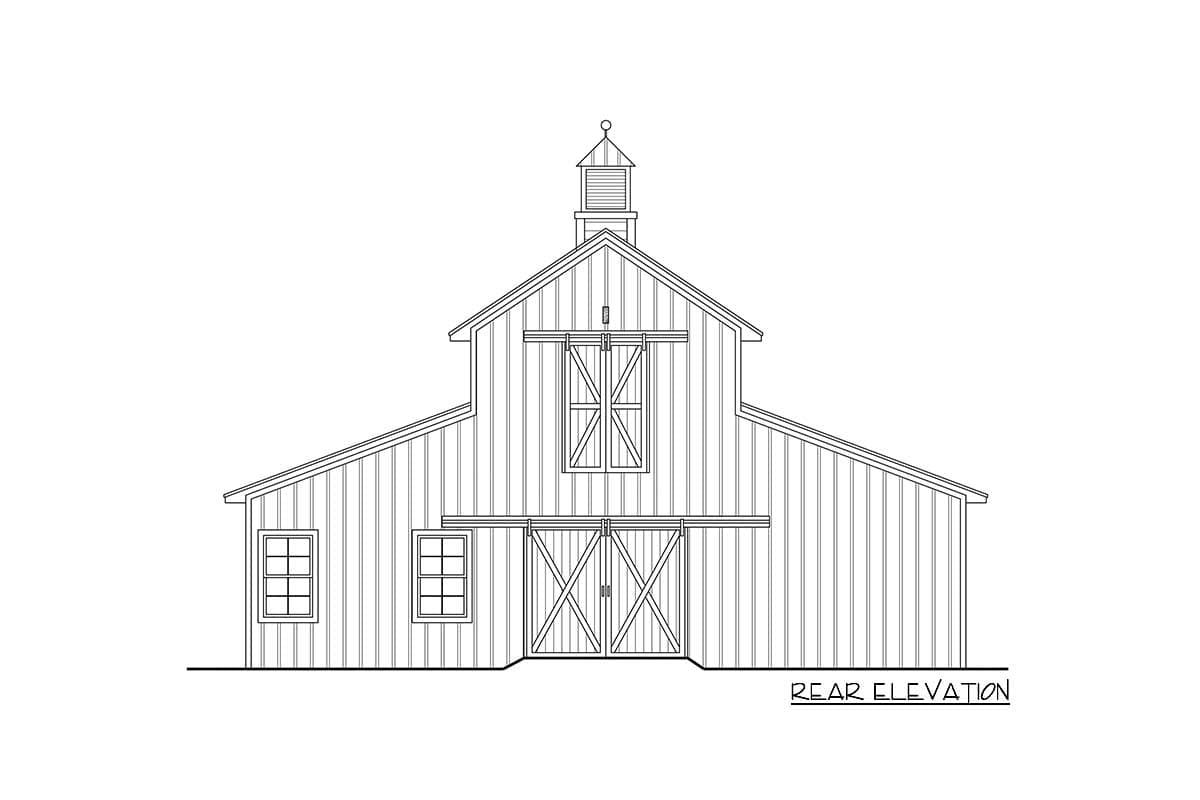 Rear elevation drawing of a barn-style house plan with vertical siding, X-brace doors, and a cupola.
