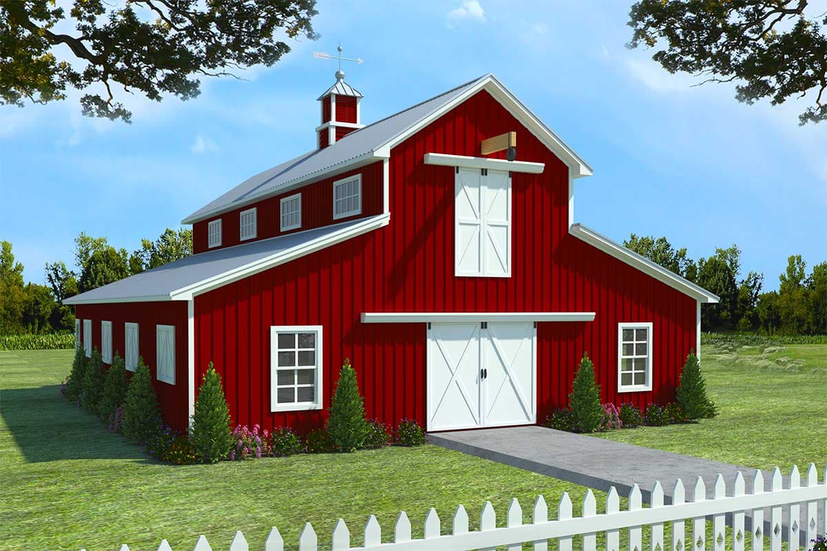 House plan exterior. Two-story barn style building with a cupola and sliding barn doors. Features include a gabled roof and multiple windows.