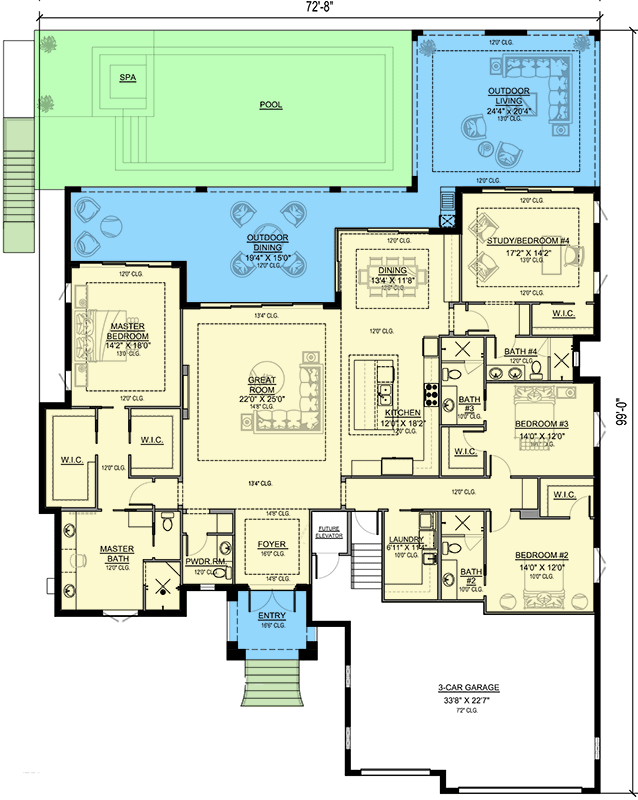 Plan 65636BS: Southern Transitional House Plan with Pool Concept - Floor Plan - Main Level - Coastal, European, Southern, Transitional