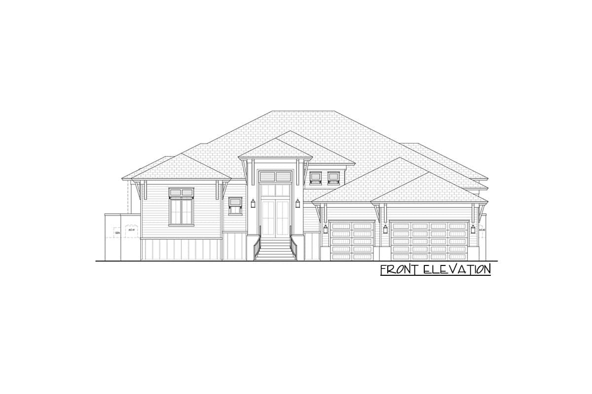 Front elevation drawing of a single-story house with a prominent central entrance, a hip roof, and a side-facing three-car garage.