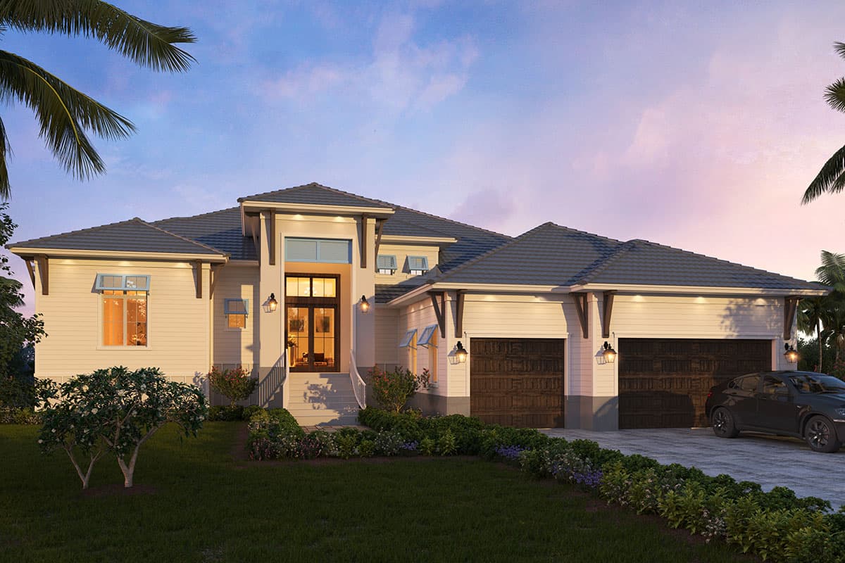 House plan exterior. Two-story Coastal home with a hipped roof, attached garage, and decorative gable accents above the entry.