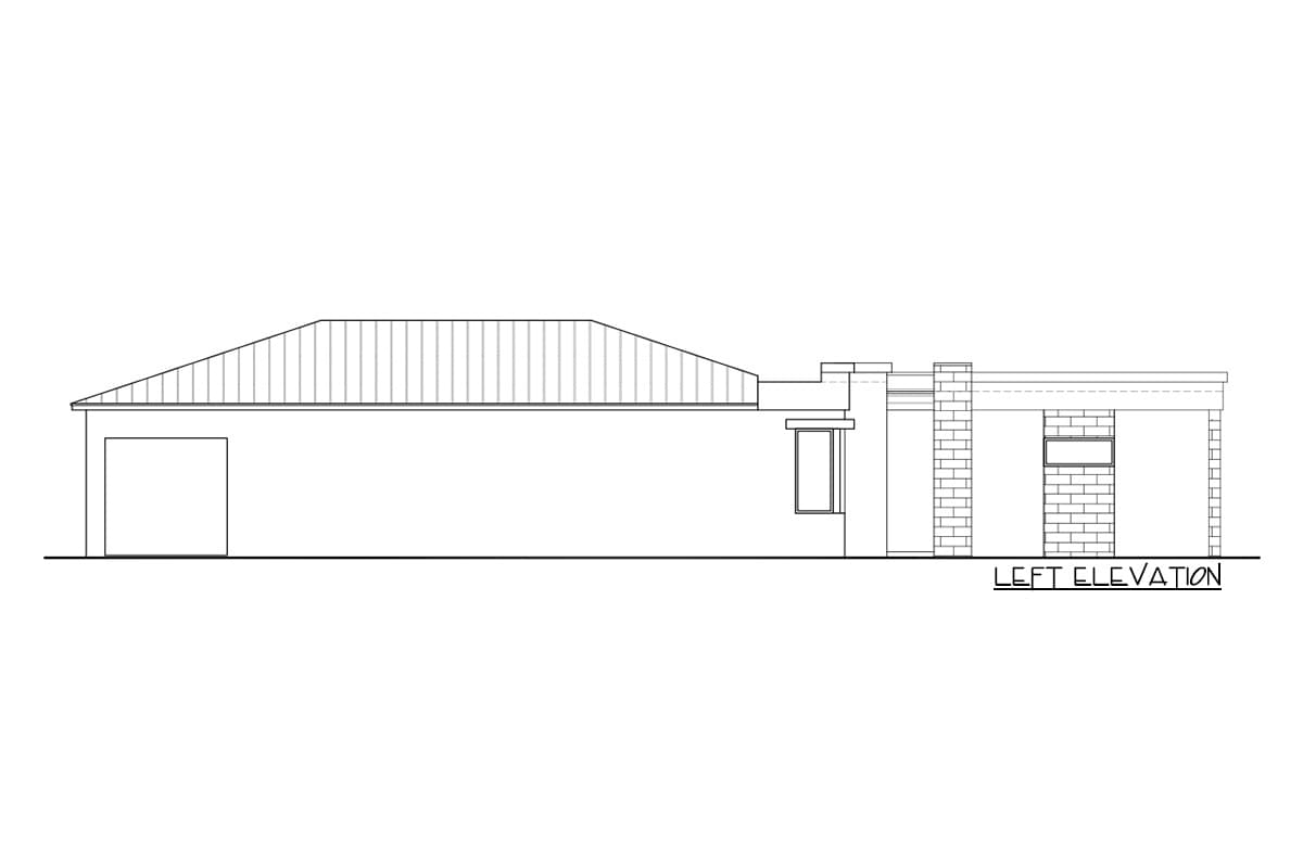 Left elevation drawing of a single-story house with a sloped roof, attached garage, and brick chimney detail.