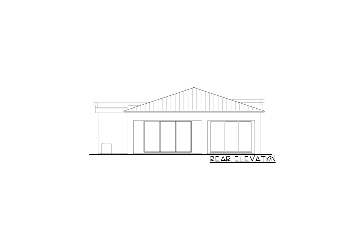 Rear elevation drawing showing a house plan with a gabled roof and four large windows.