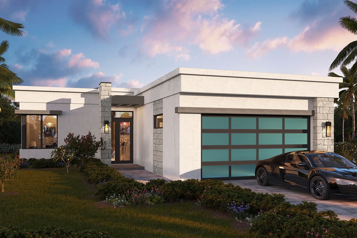 House plan exterior. Modern style, single-story home with flat roof, glass garage door, and stone accent column. Includes a covered entry.