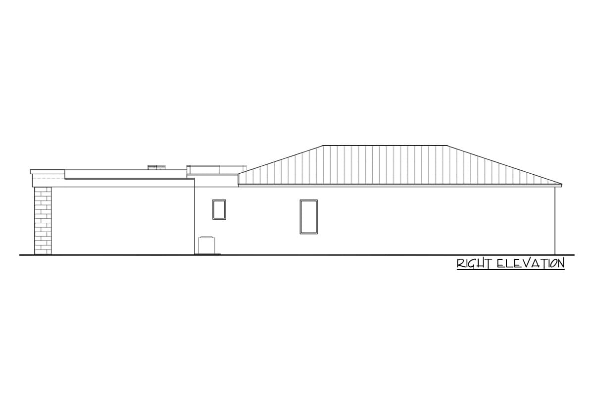 Right elevation drawing of a single-story house plan with a hip roof, one window, and a brick accent wall.