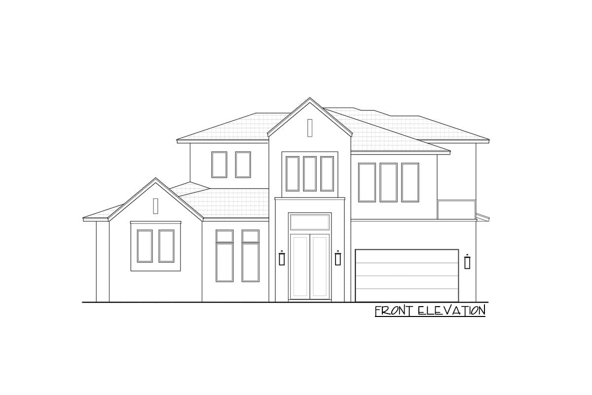 Front elevation drawing of a two-story house with a prominent central gable, double front doors, and an attached garage.