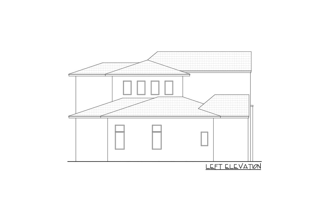 Left elevation drawing of a multi-story house plan with intersecting rooflines and multiple windows.