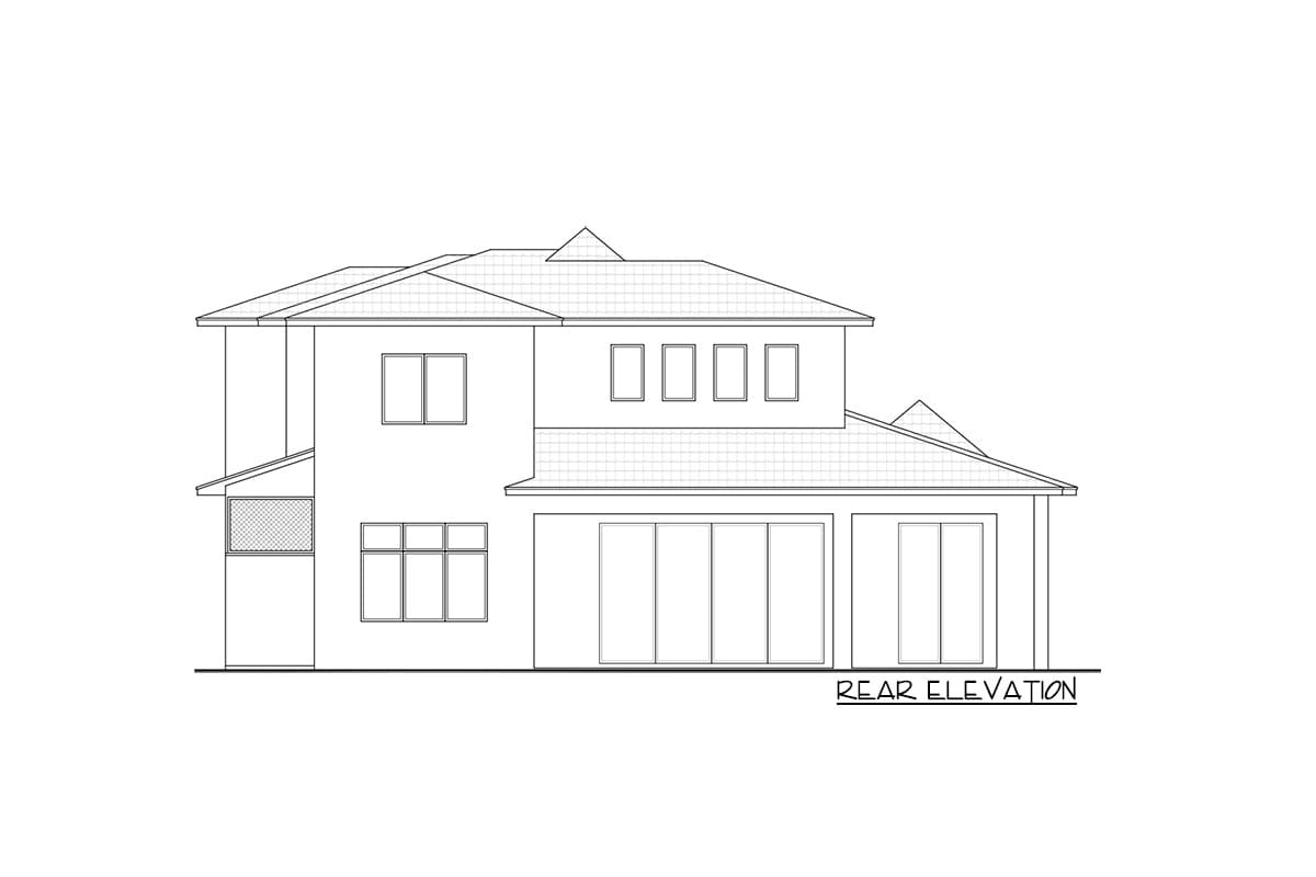 Rear elevation drawing of a two-story house with multiple gables, varied window styles, and large sliding glass doors.