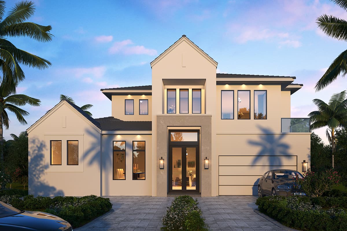 House plan exterior. Two-story Modern house with gables, a flat roof, and an attached garage. Large windows and a covered entry complete the facade.