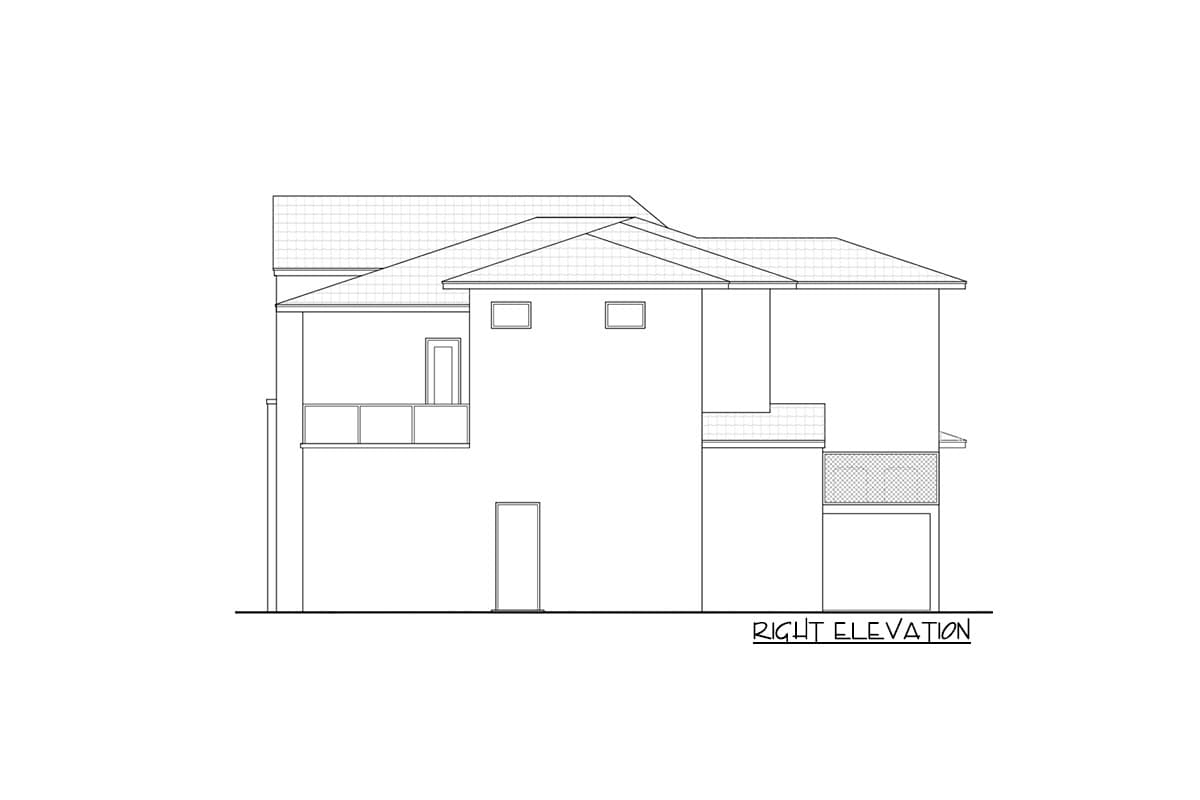 Right elevation house plan showing a two-story structure with hip roofs, a second-story balcony, and a lower-level porch.