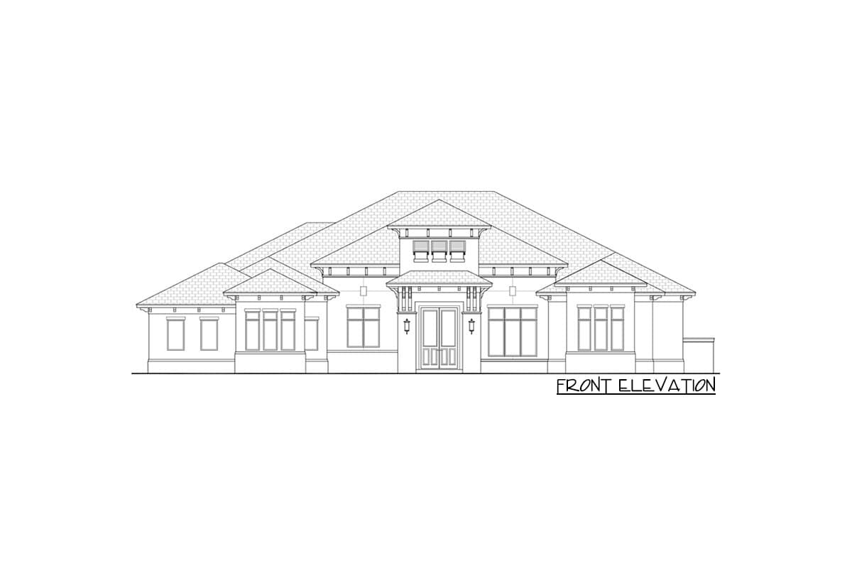 Front elevation drawing of a one-story house with a hipped roof, double front doors, and multiple window groupings.