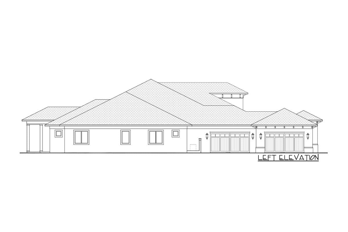 Left elevation drawing of a house plan showing a multi-story roofline, windows, and a four-car garage.
