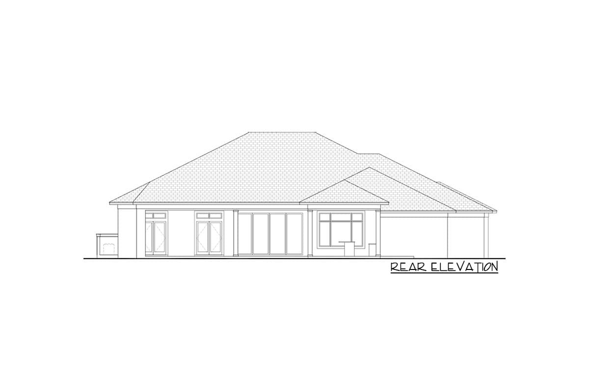 Rear elevation of a single-story house plan featuring a hip roof, multiple glass doors, and large windows.