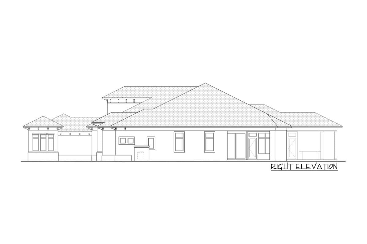 House plan right elevation showing a single-story structure with a hip roof, various window sizes, and a covered patio.
