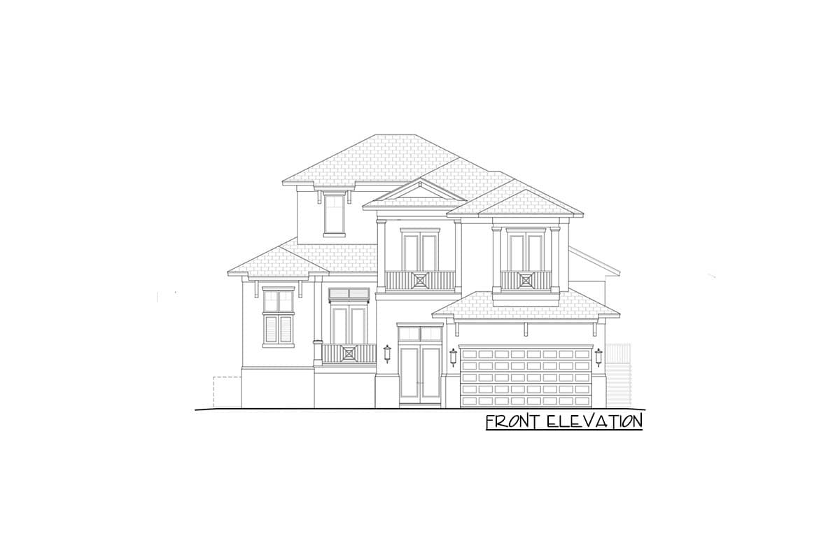 Front elevation drawing of a two-story house plan with a two-car garage, multiple gables, and balconies.