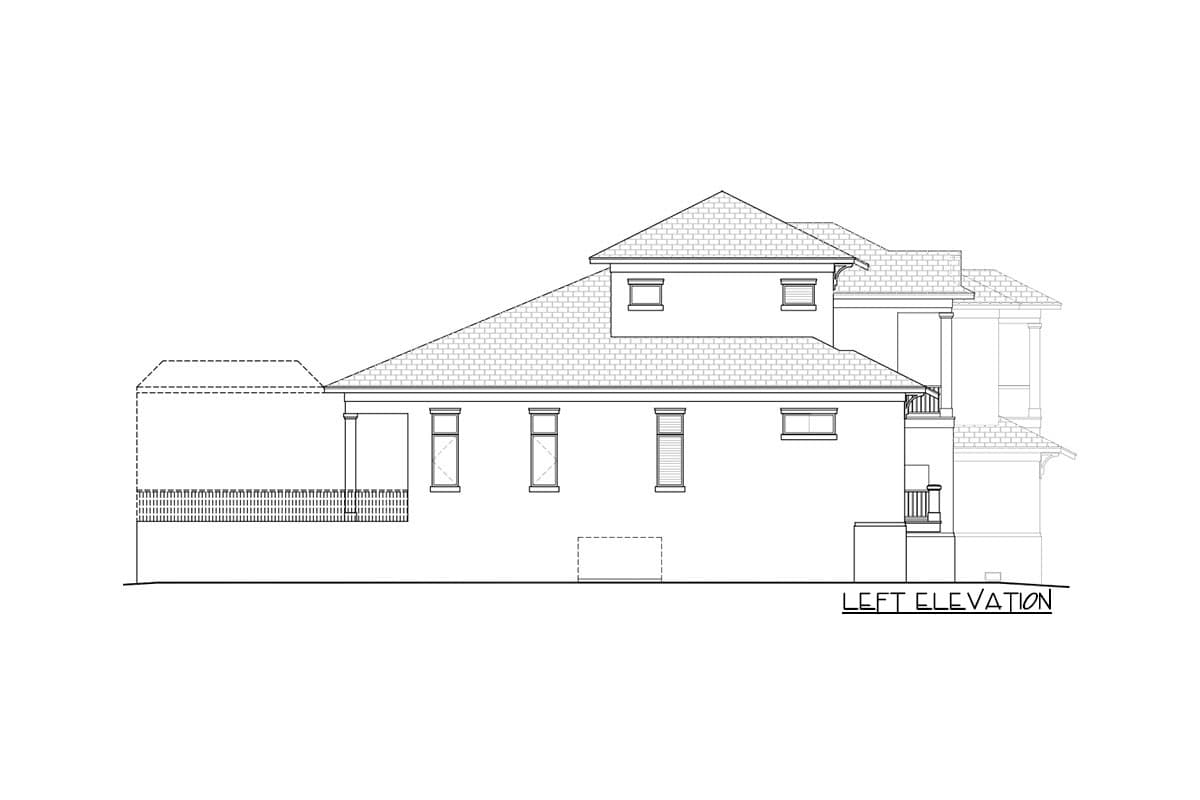 Left elevation drawing of a two-story house plan with multiple gables, dormers, and a covered porch.