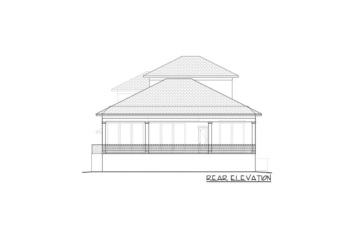 Rear elevation of a two-story house plan with a covered porch, columns, and a fence.