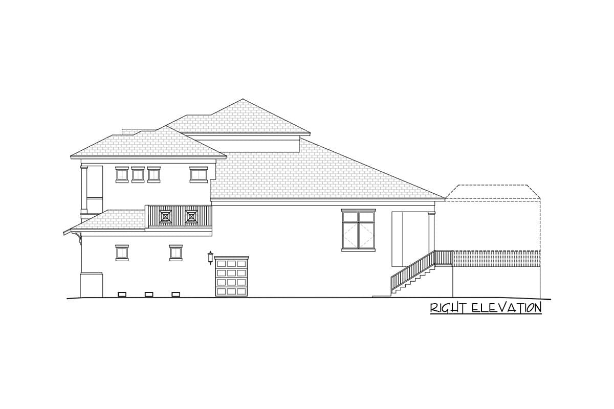 Right elevation house plan showing a two-story structure with a covered balcony, garage door, and rear deck.