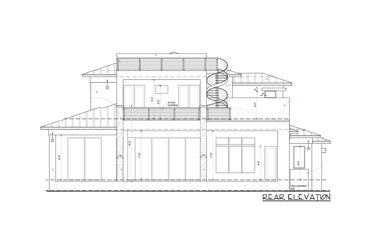 Rear elevation house plan showing two stories, a spiral staircase to the roof deck, and expansive glazing.