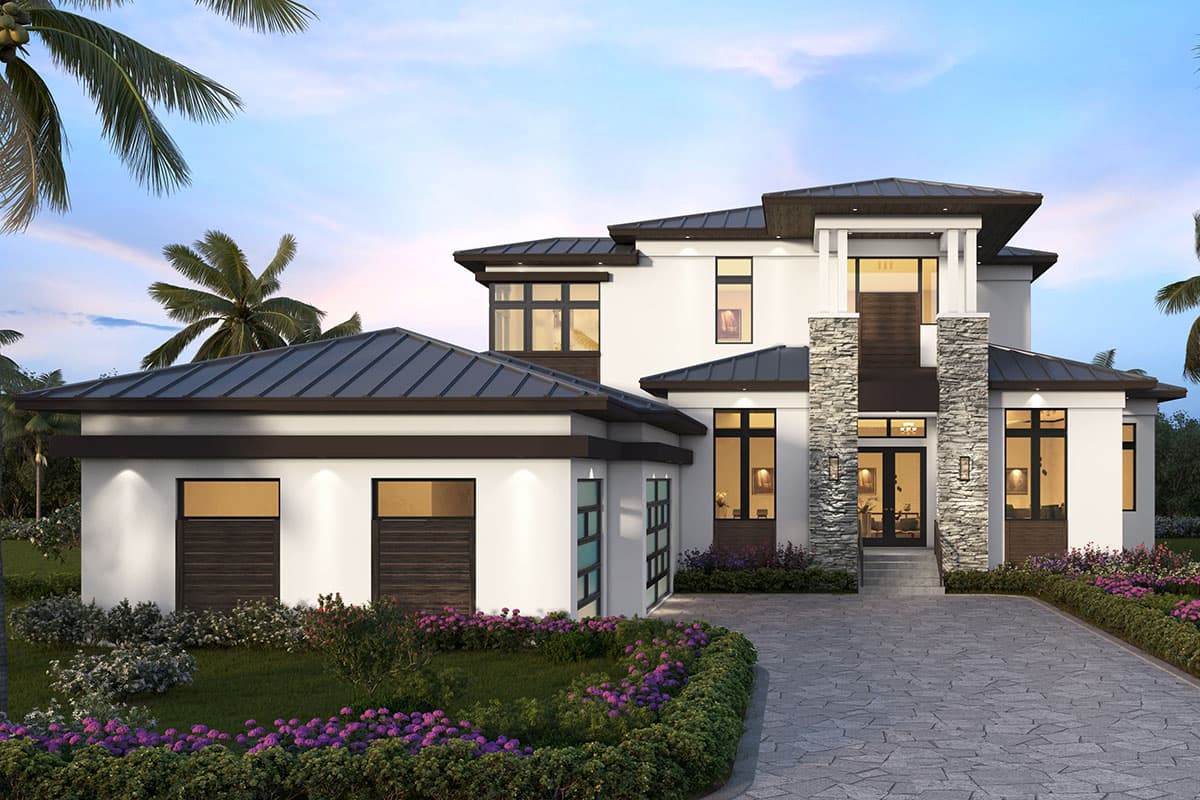 Two-story house plan exterior featuring a flat roof, stone accent columns, and a garage. Modern style with large windows and dark trim.