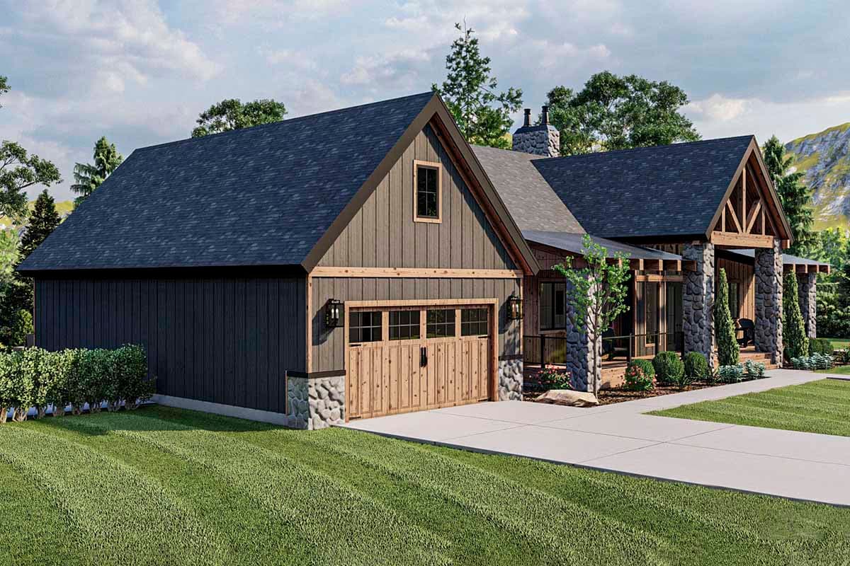 House plan exterior featuring a two-car garage, gabled rooflines, stone and wood accents, and a covered porch.