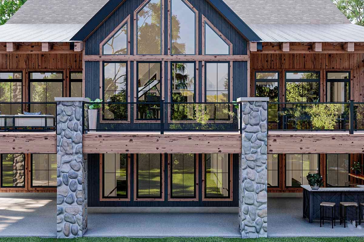 Modern house plan exterior with wood siding, stone accents, metal roof, and large windows.
