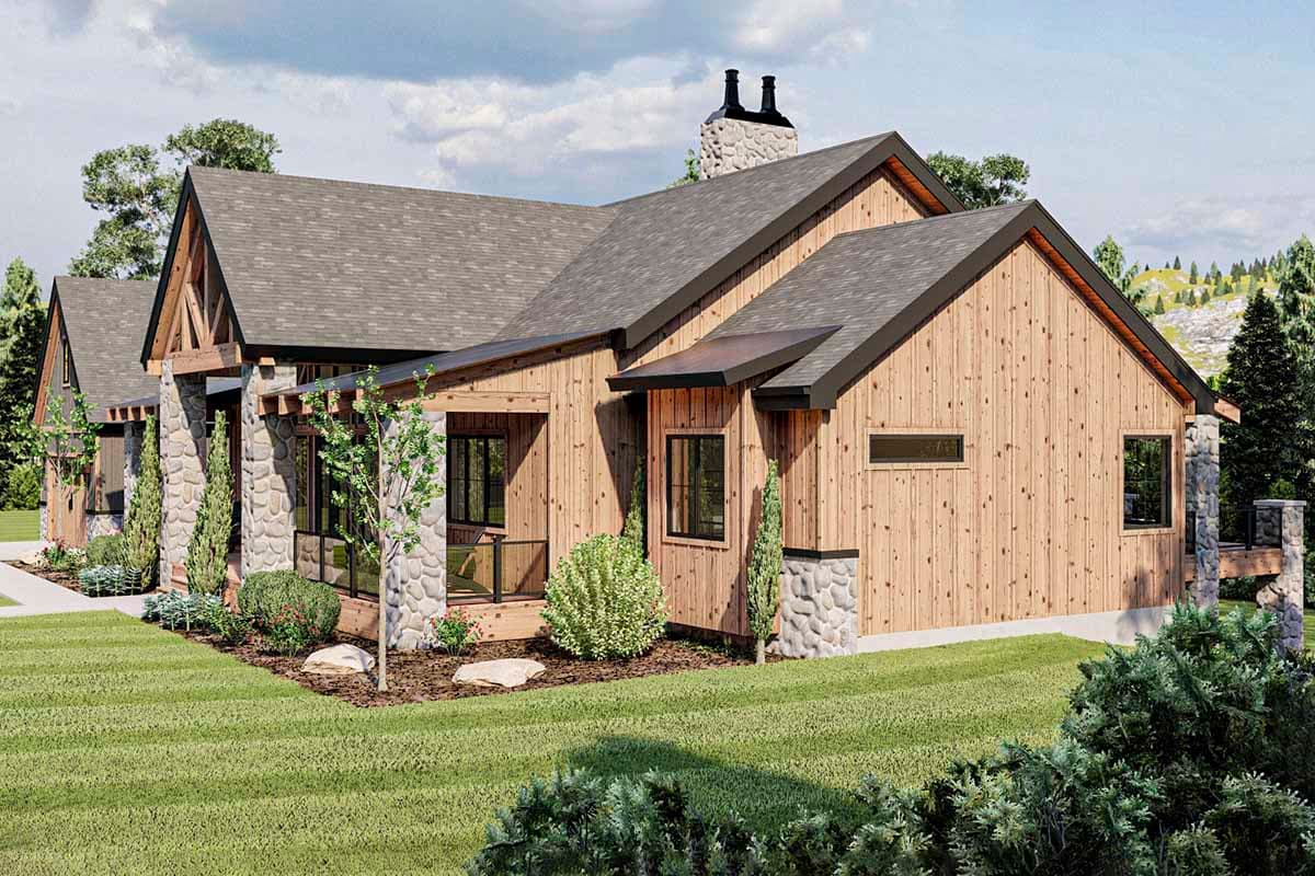 House plan exterior featuring a modern rustic style, stone accents, wood siding, multiple gables, and a prominent stone chimney.