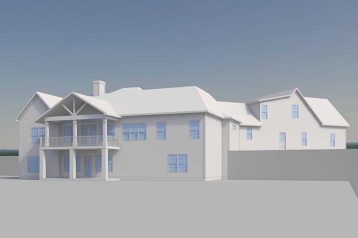House plan exterior: Two-story residence with a prominent covered double balcony, multiple gables, and a steeply pitched roofline.
