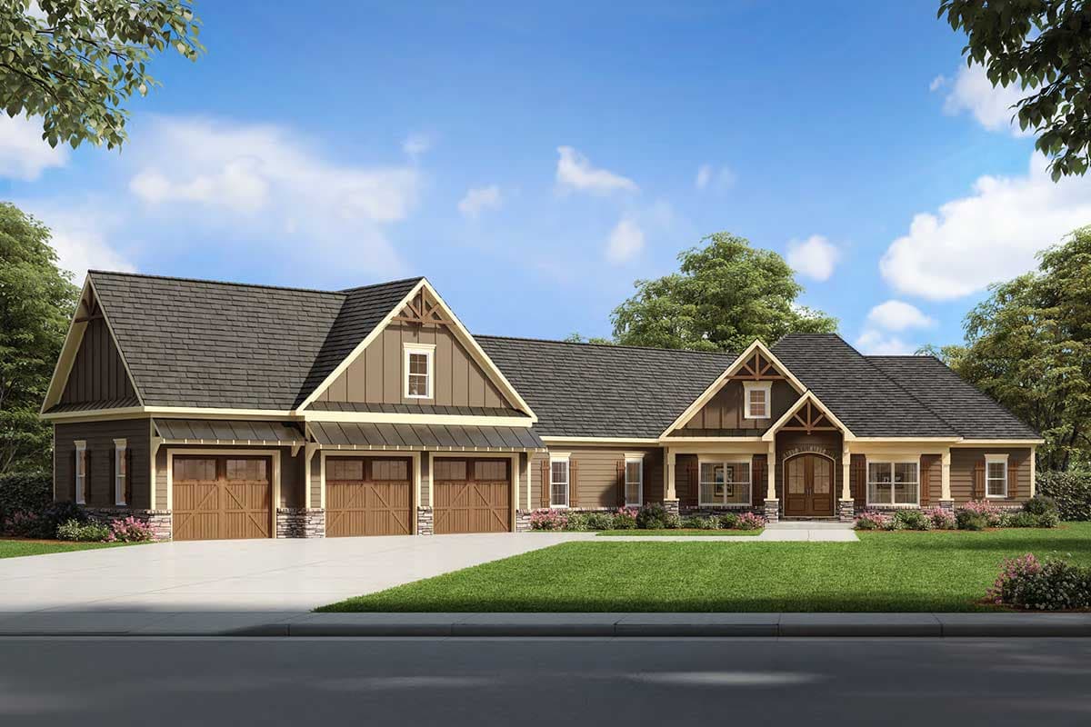 House plan exterior with Craftsman details. Features include multiple gables, a three-car garage, and a covered front entry porch.