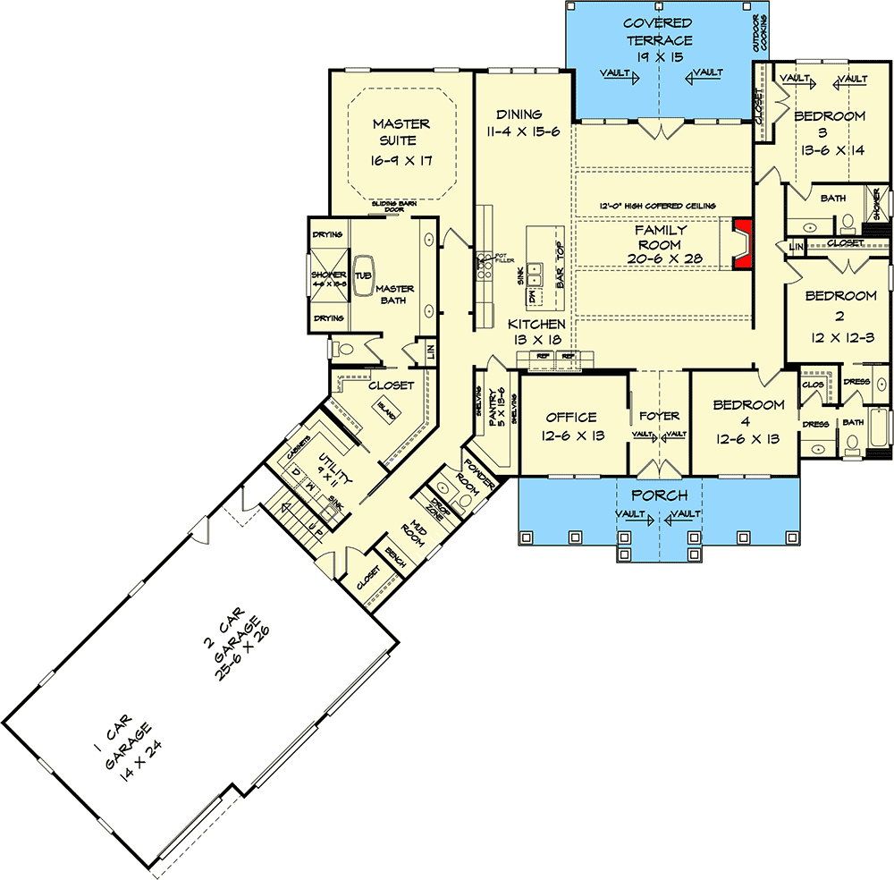 Plan 360080DK: Craftsman House Plan with 3-Car Angled Garage - Floor Plan - Main Floor - Slab Foundation Version - Country, Craftsman, Northwest, Ranch