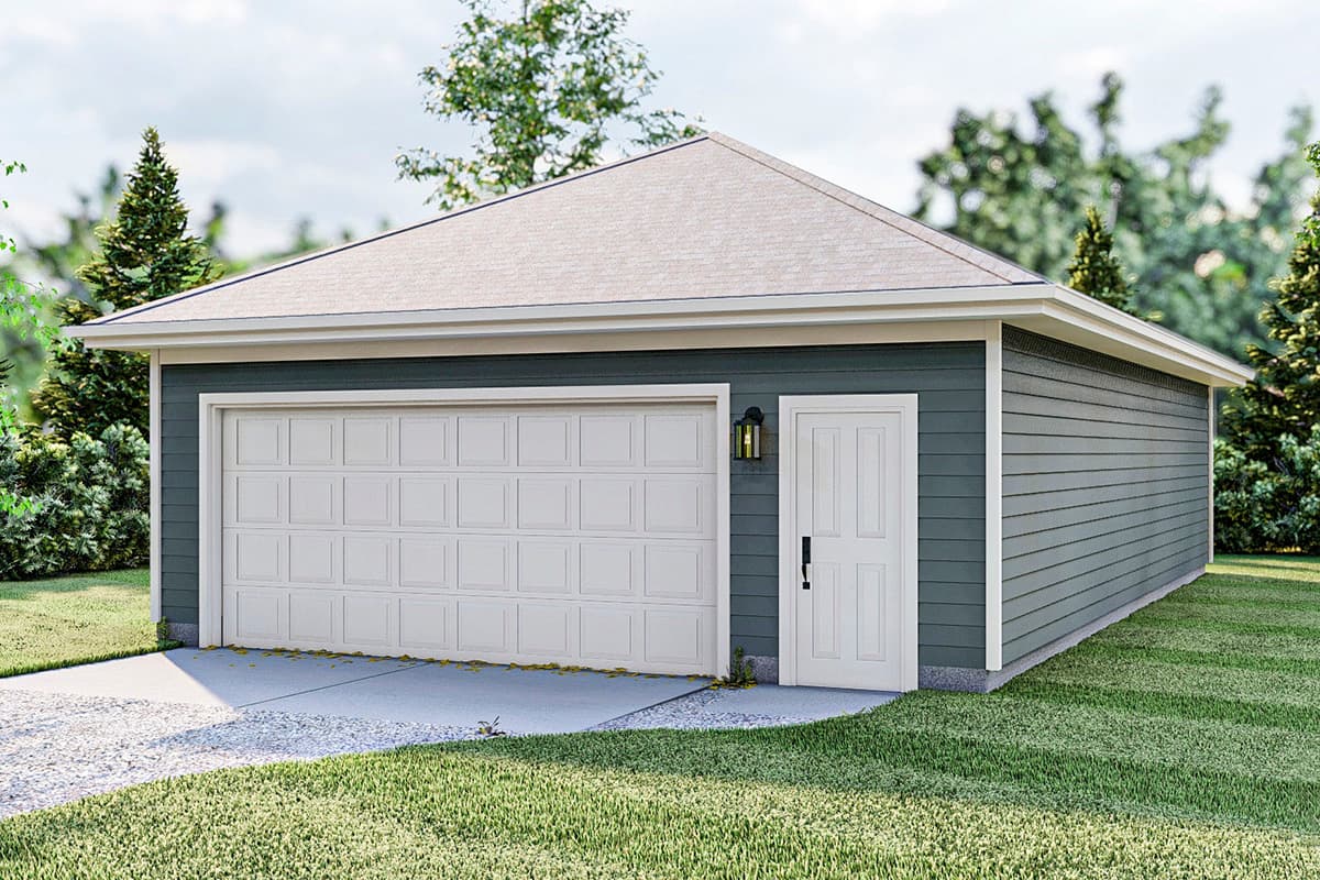 House plan exterior with gable roof, white garage door, and a single door entrance. Siding is horizontal and dark gray.