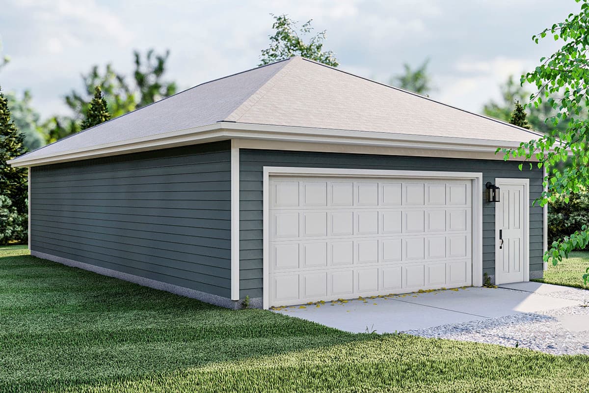 House plan exterior of a detached two-car garage with horizontal siding, a hip roof, and a white paneled garage door.