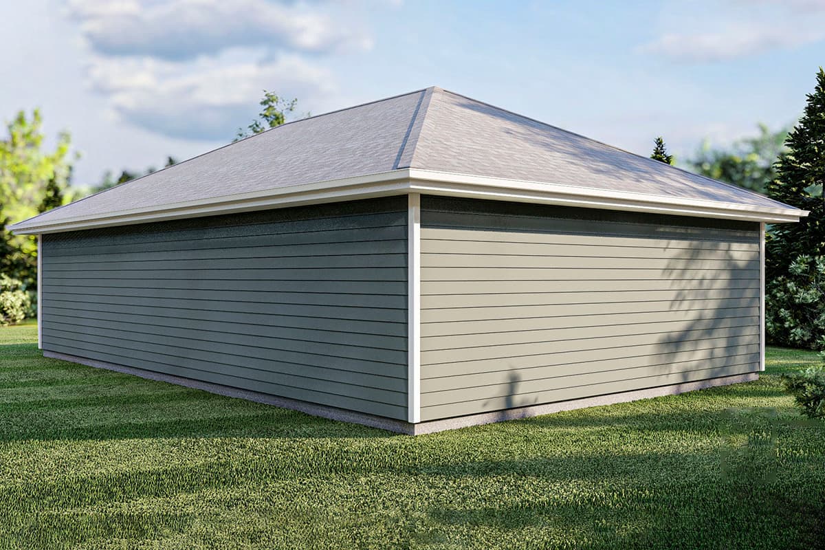 House plan exterior rendering of a rectangular structure with horizontal siding and a hip roof.