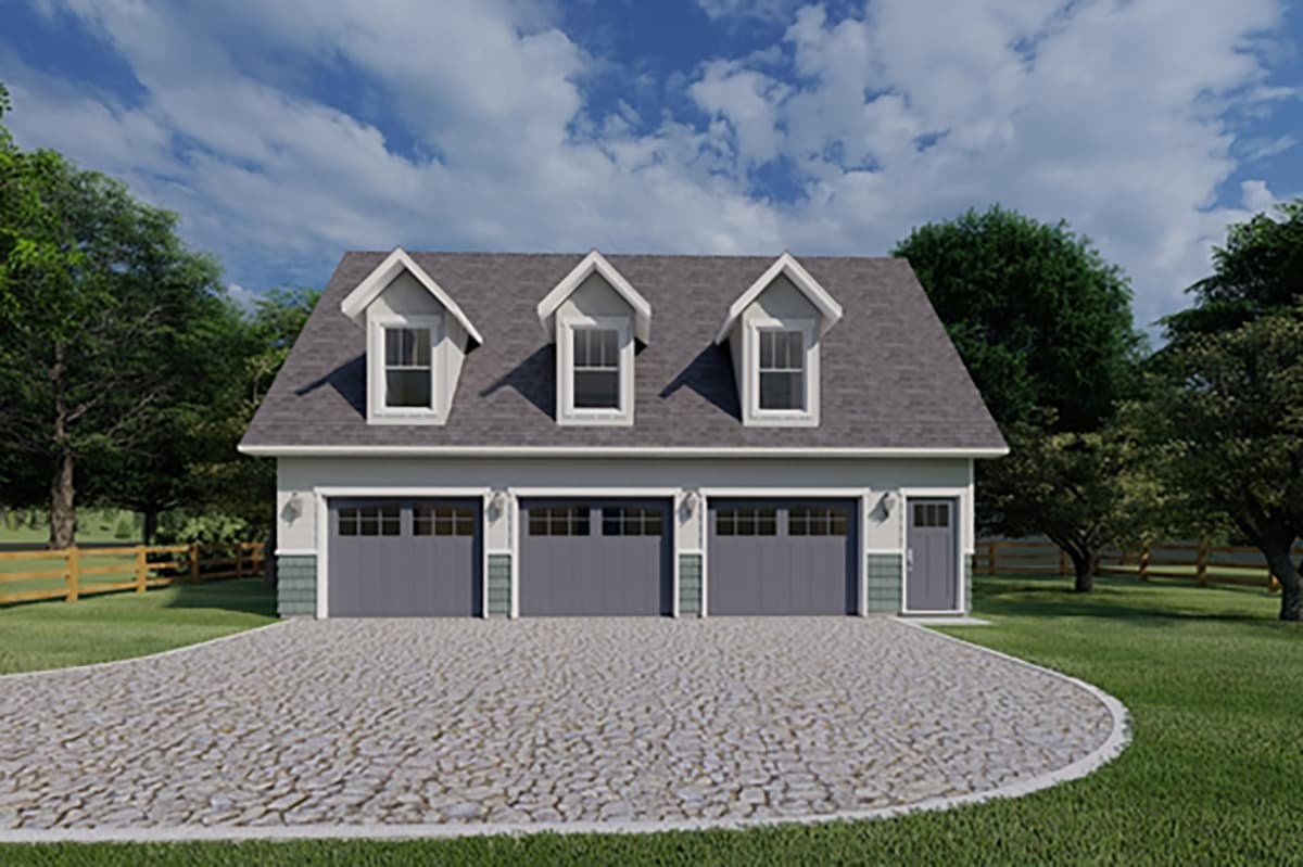 House plan exterior with three-car garage. Features include three dormers, a gable roof, and paneled garage doors. Includes a cobblestone driveway.