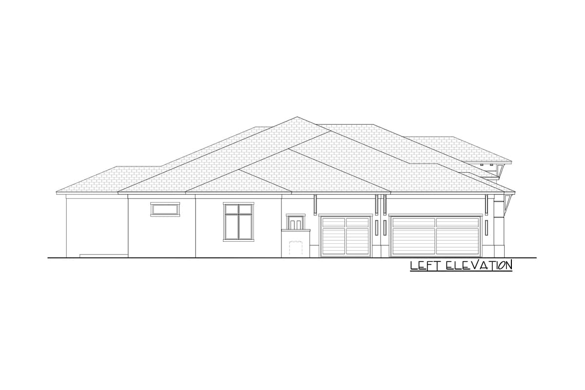 Left elevation house plan showing a single-story home with multiple gables, a hip roof, and a three-car garage.