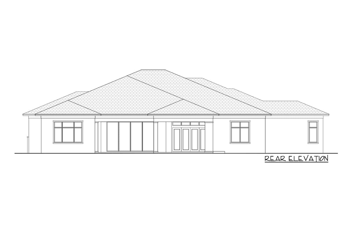 Rear elevation house plan with multiple gables, large sliding glass doors, and double doors.