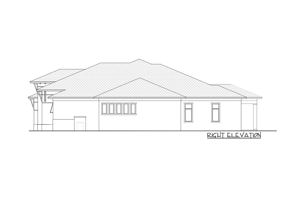 Right elevation drawing of a house plan showing a low-pitched hip roof, multiple gables, and various window arrangements.