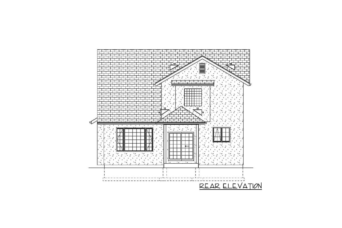 Rear elevation drawing of a two-story house plan with a gable roof, dormer, and sliding glass doors.