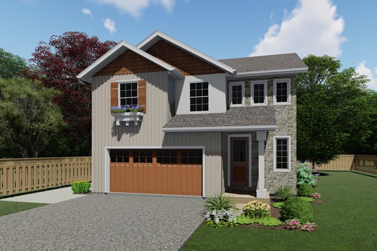 House plan exterior with two stories. Features include a garage, gables, and stone facade with wood accents. Includes a front porch.