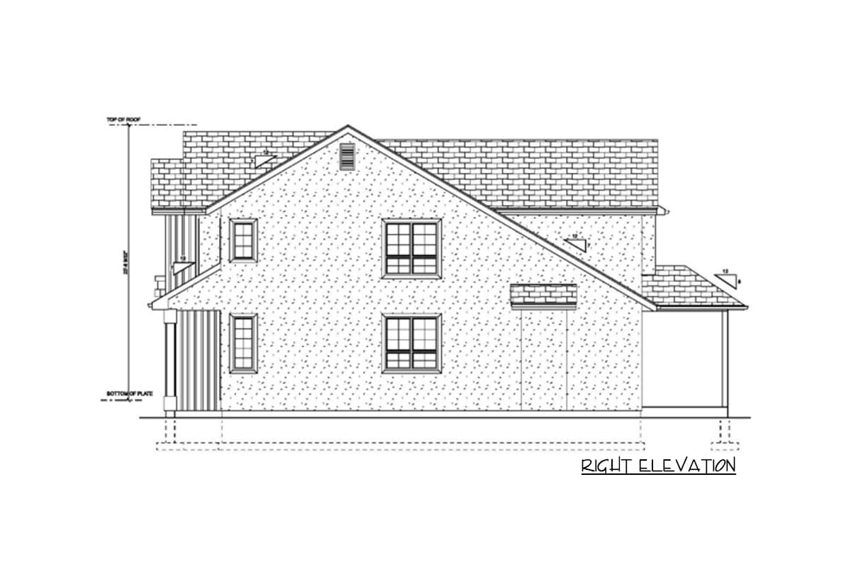 Right elevation of a two-story house plan, showing a front-facing gable, dormer window, and covered porch.