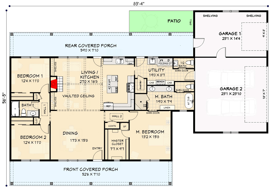 Plan 28944JJ: 3-Bed Country Ranch Plan with Split Bedrooms and 3-Car Garage - Floor Plan - Main Level - Country, Farmhouse, Ranch, Rustic, Traditional