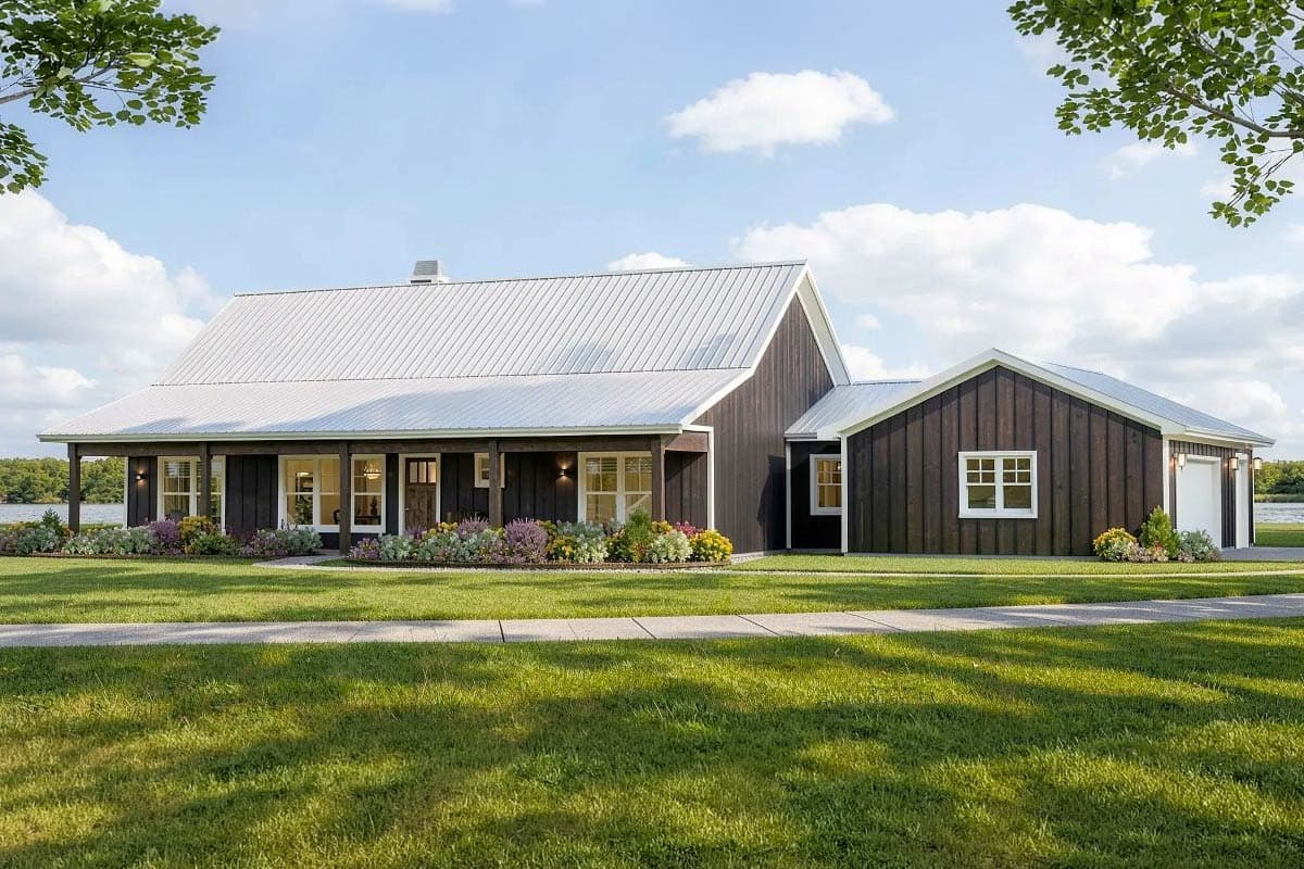 House plan exterior. Modern Farmhouse style with a single story, front porch with dark columns, and a gable roof with metal roofing.